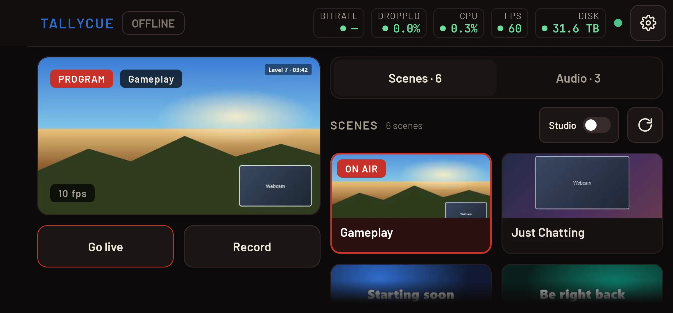 Phone held sideways: live preview with Go live and Record on the left, scene tiles on the right, all five stats in the top bar