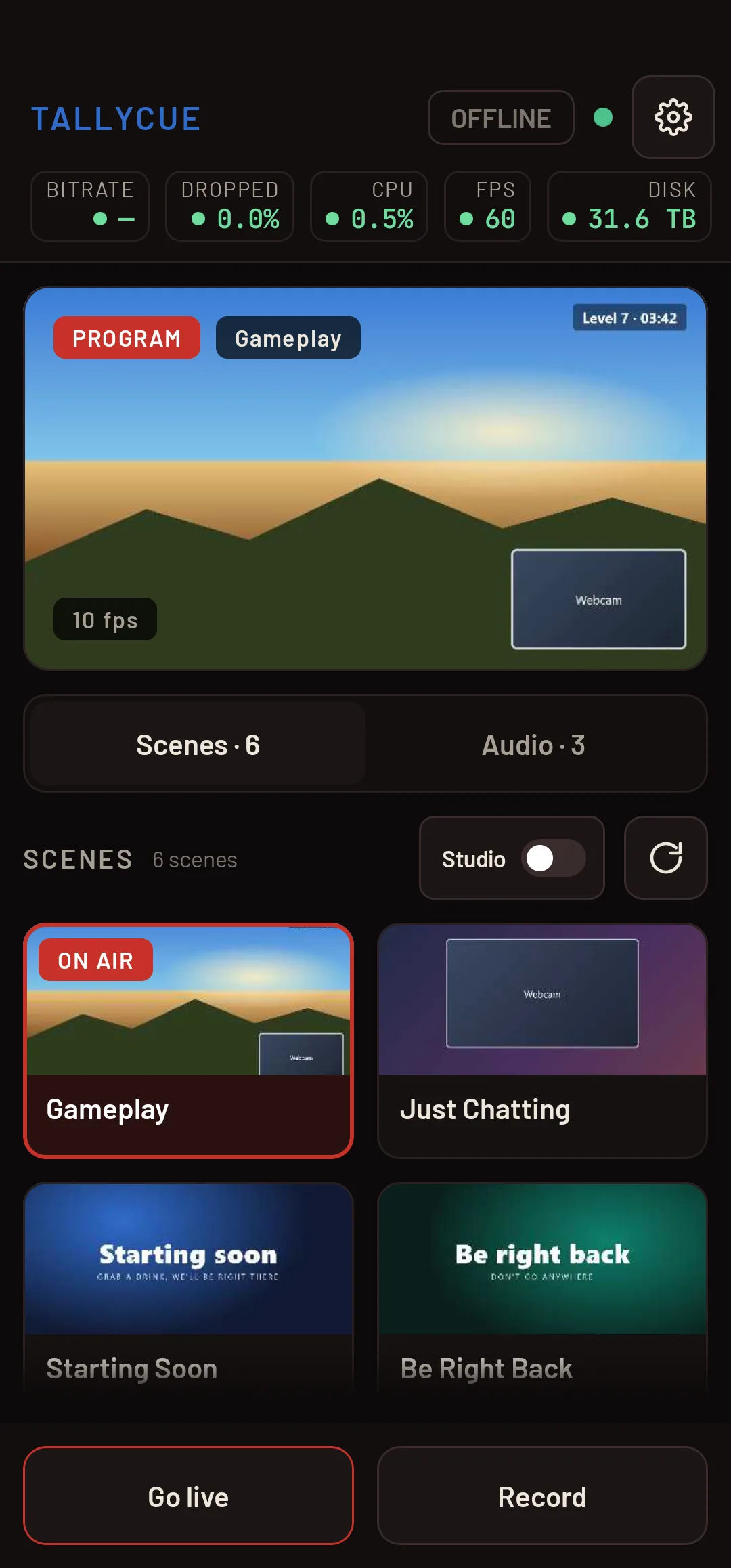 Phone showing the live preview, Scenes and Audio tabs, scene tiles with Gameplay on air, and Go live and Record buttons