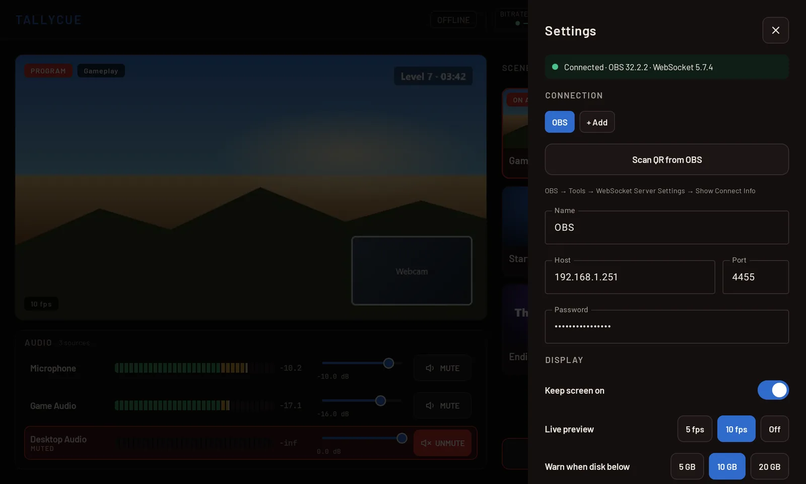 Settings panel showing a connected OBS, QR scan button, saved connections and display options