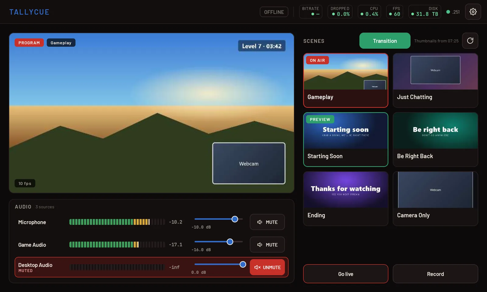 Studio mode: Starting Soon marked PREVIEW while Gameplay stays on air, with a green Transition button