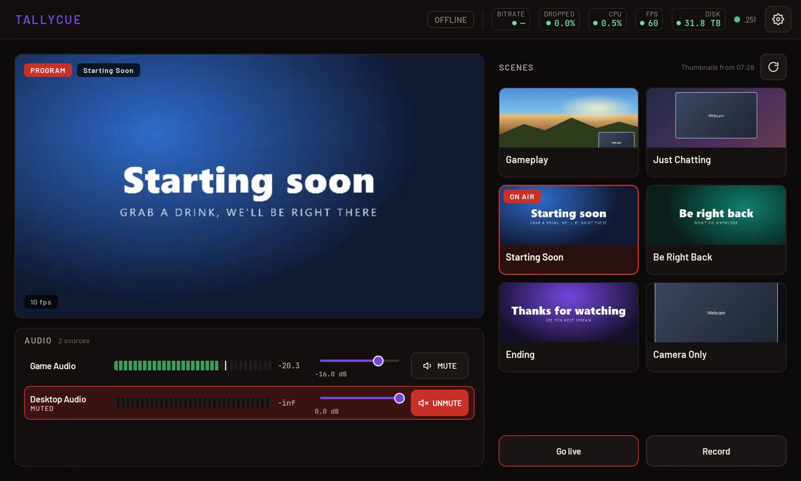 Dashboard in the violet theme with Starting Soon on air and a muted Desktop Audio source